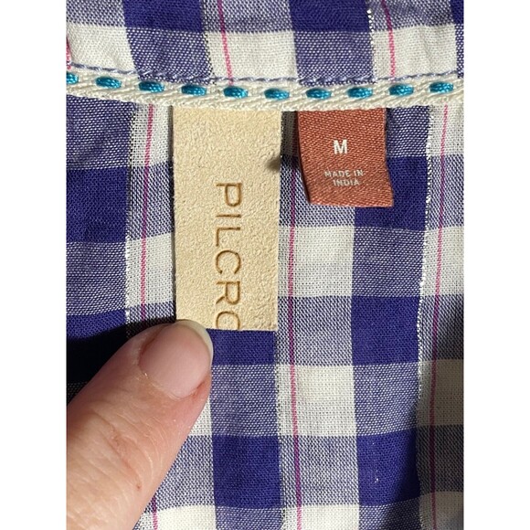 Anthropologie Pilcro Plaid Button Down Shirt Top Ombre Blue Silver Detail Medium - Picture 3 of 12